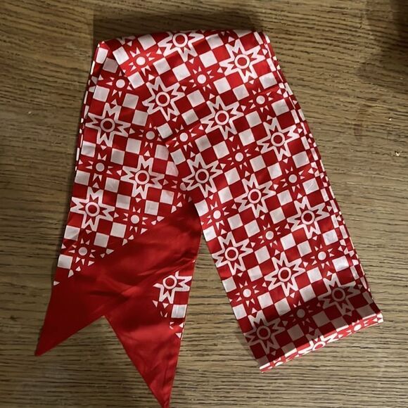 Silk.Hat Scarf, Red White Print - Picture 1 of 2